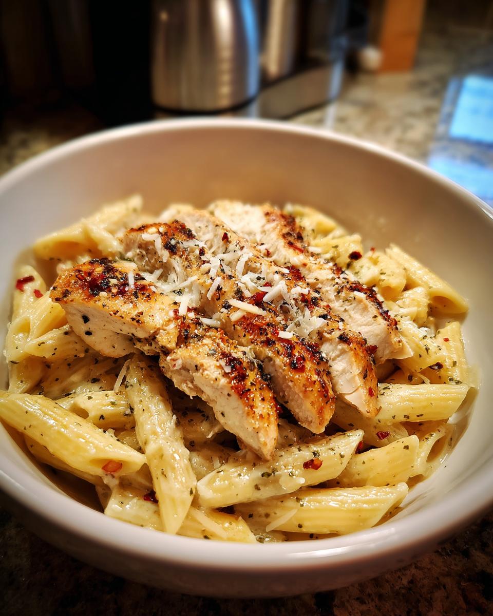 A bowl of creamy garlic parmesan chicken pasta, topped with sliced grilled chicken and grated parmesan cheese.