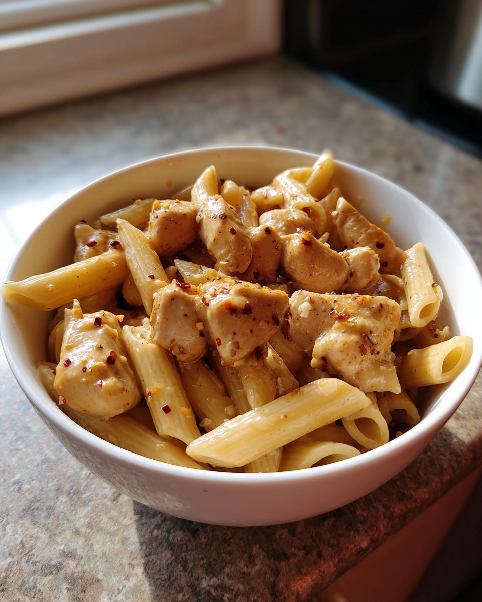 A close-up of a white bowl filled with Creamy Garlic Parmesan Chicken Pasta, topped with red pepper flakes.