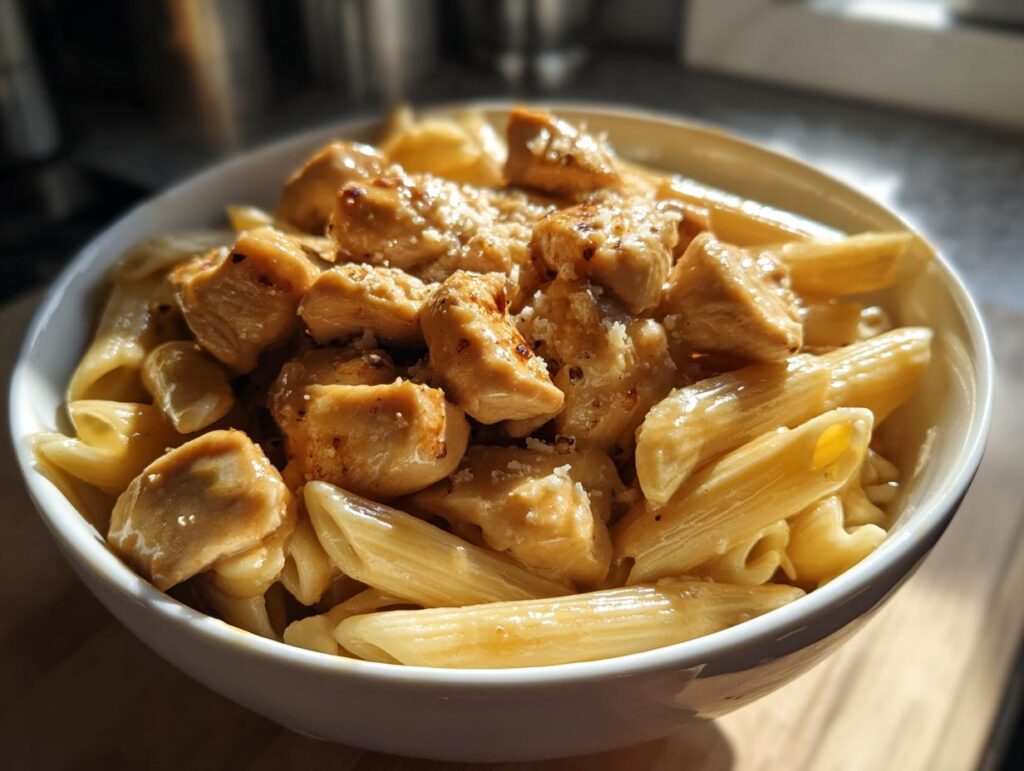 A close-up of a white bowl filled with Creamy Garlic Parmesan Chicken Pasta, featuring penne pasta and tender chicken pieces.