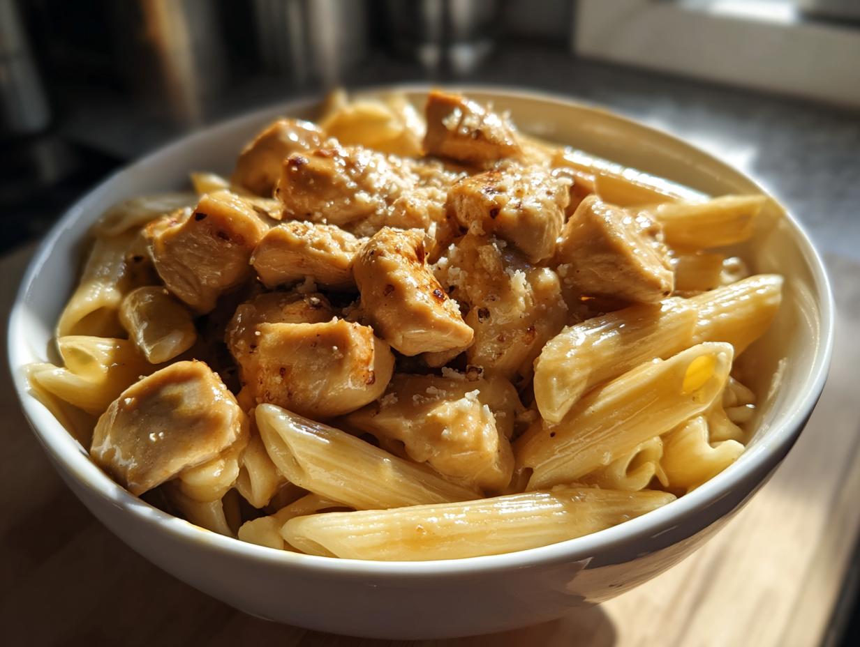 A close-up of a white bowl filled with Creamy Garlic Parmesan Chicken Pasta, featuring penne pasta and tender chicken pieces.