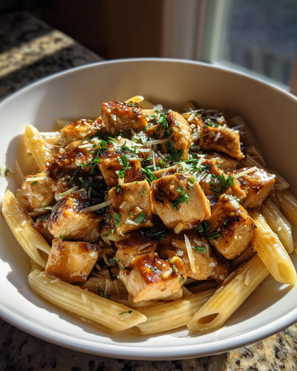 A close-up of Creamy Garlic Parmesan Chicken Pasta with penne and diced chicken in a rich sauce, topped with cheese and herbs.