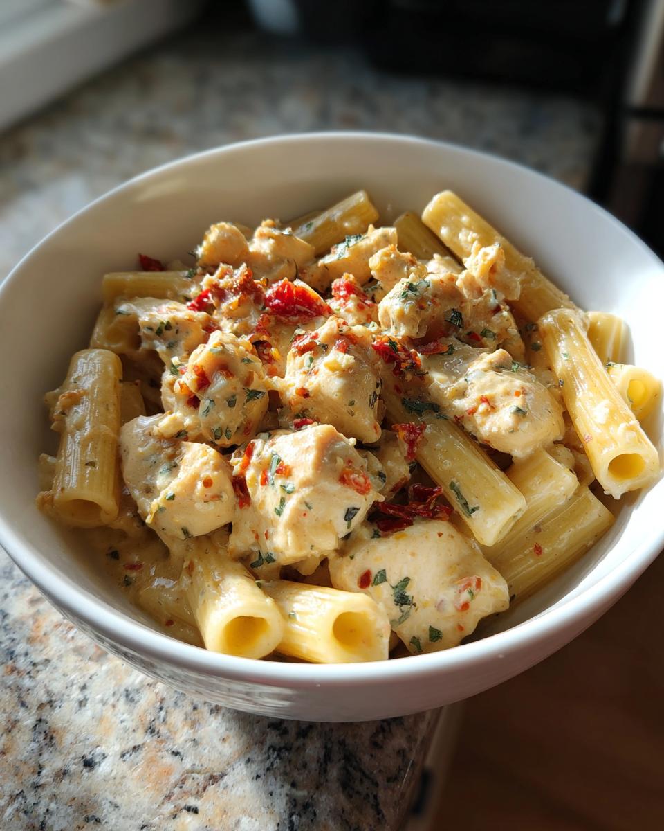 A bowl of Creamy Garlic Parmesan Chicken Pasta with rigatoni, chicken pieces, sun-dried tomatoes, and parsley.