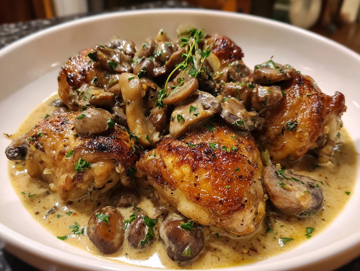 Juicy chicken thighs smothered in a rich creamy mushroom garlic sauce, garnished with fresh parsley.
