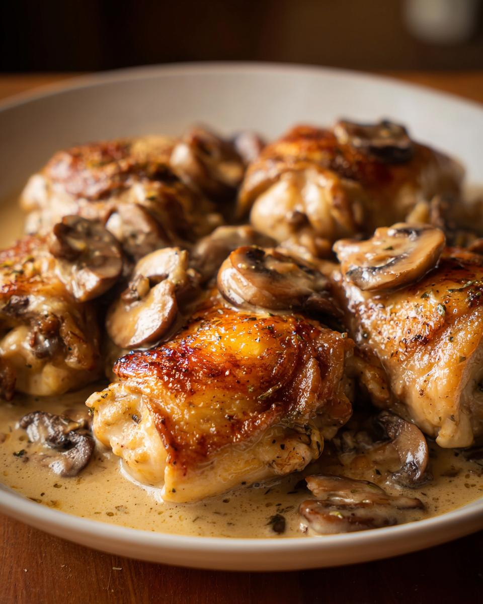 Golden brown chicken thighs smothered in a creamy mushroom garlic sauce, garnished with sliced mushrooms.
