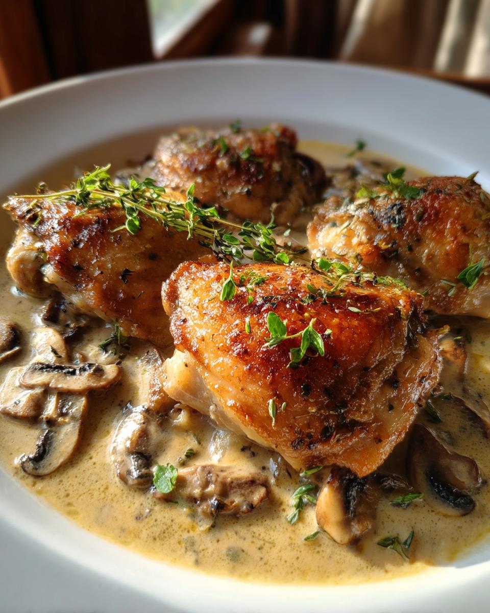 Close-up of tender, golden-brown chicken thighs in a rich, creamy mushroom and garlic sauce, garnished with fresh thyme.