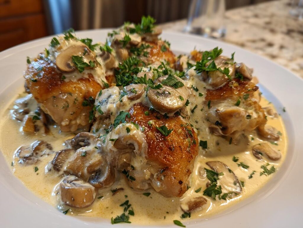 Close-up of tender chicken thighs smothered in a creamy mushroom garlic sauce, garnished with fresh parsley.