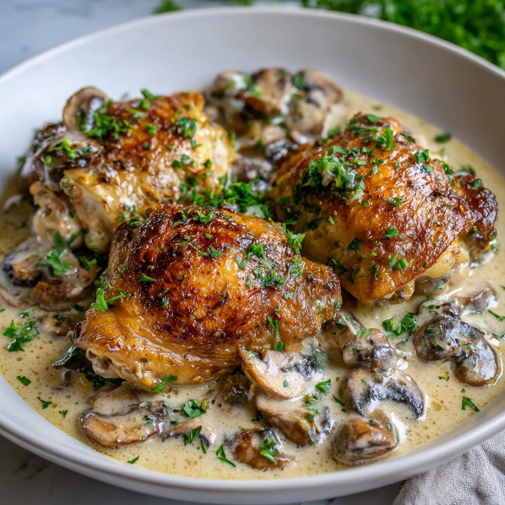 Close-up of golden-brown chicken thighs in a creamy mushroom garlic sauce, garnished with parsley.