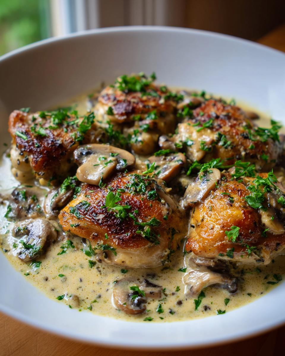 Close-up of pan-seared chicken thighs in a creamy mushroom garlic sauce, garnished with parsley.