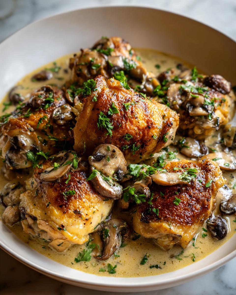 Golden-brown chicken thighs in a creamy mushroom garlic sauce, garnished with fresh parsley.