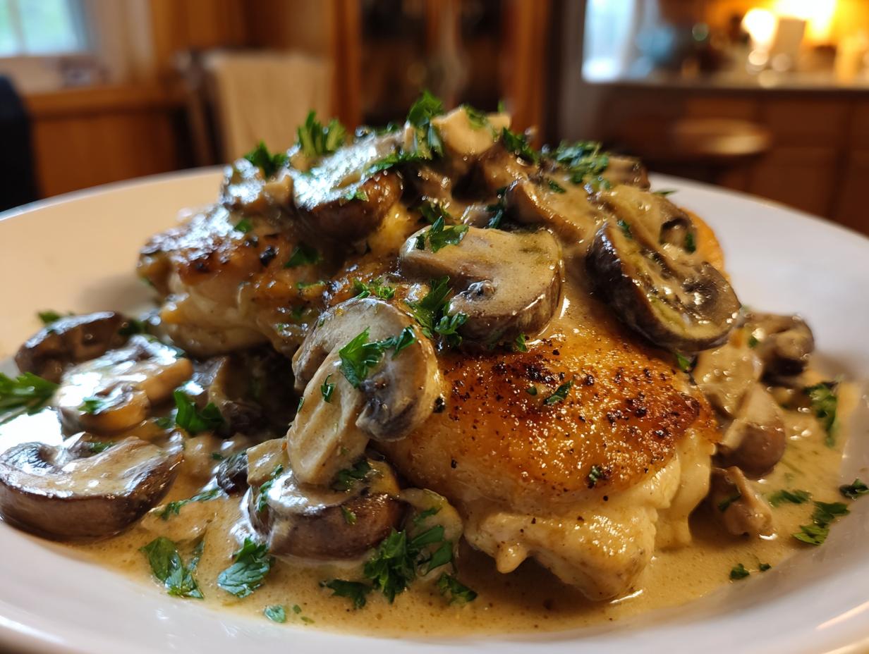 Close-up of golden-brown chicken thighs smothered in a creamy mushroom garlic sauce and garnished with fresh parsley.