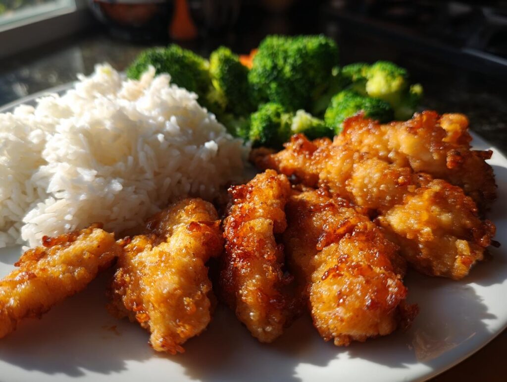 A plate of crispy, golden chicken tenders served with fluffy white rice and steamed broccoli, perfect for quick dinner ideas.