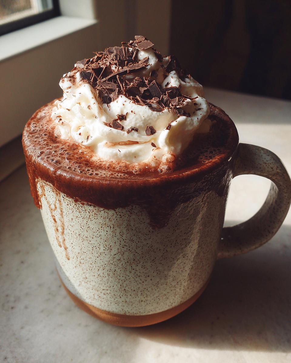 A steaming mug of crockpot hot chocolate topped with whipped cream and chocolate shavings.