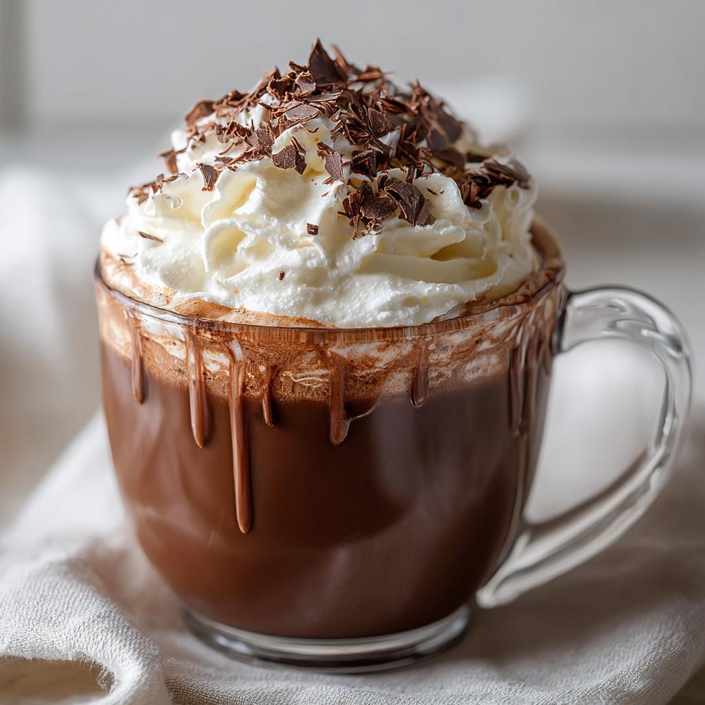 A mug of creamy crockpot hot chocolate topped with whipped cream and chocolate shavings.