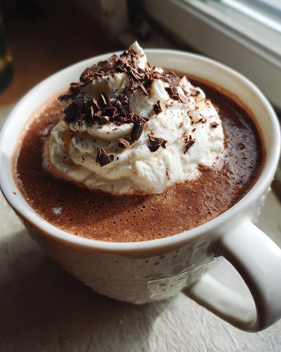 A close-up of a mug filled with creamy crockpot hot chocolate, topped with whipped cream and chocolate shavings.