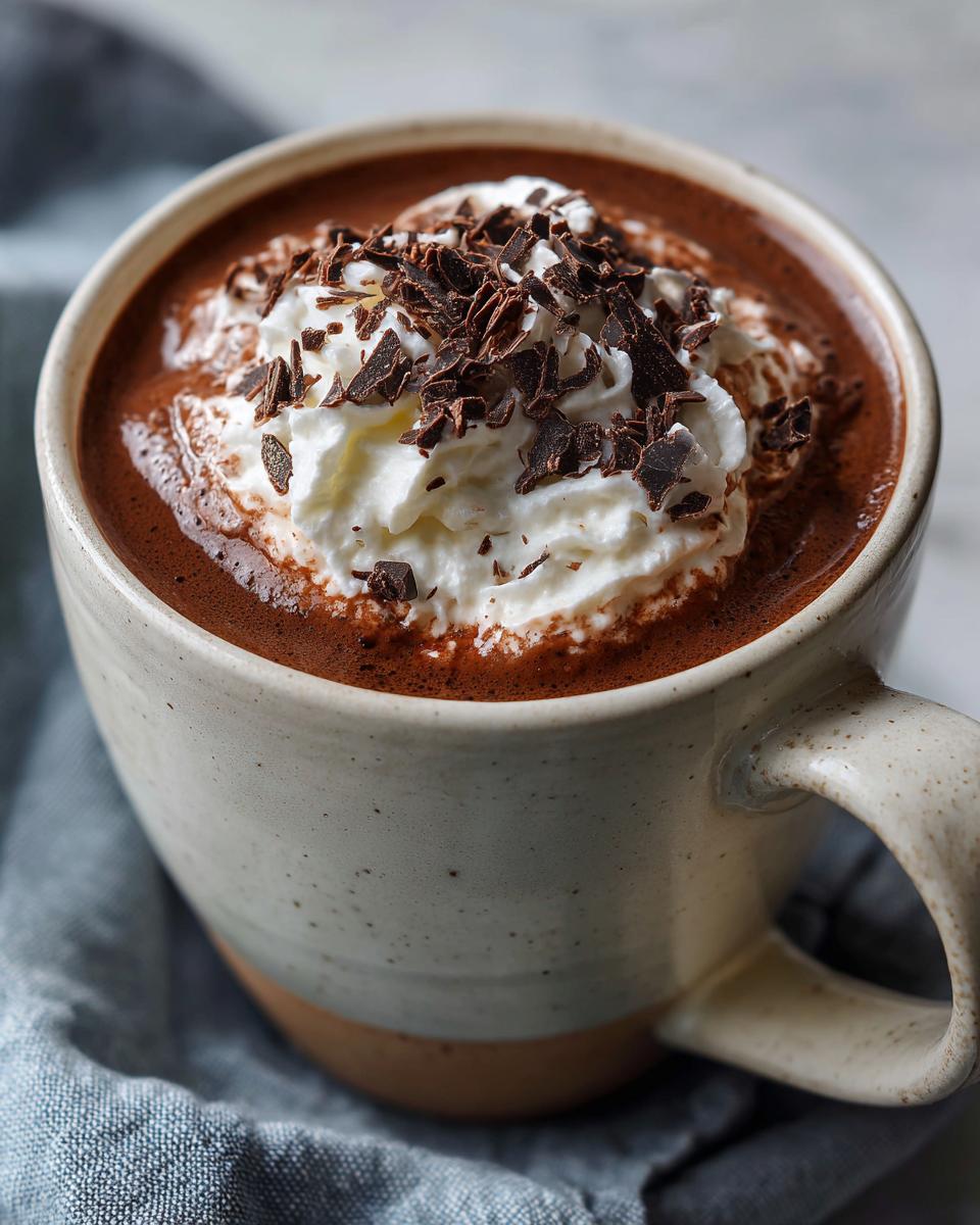 Close-up of a mug filled with creamy crockpot hot chocolate, topped with whipped cream and chocolate shavings.