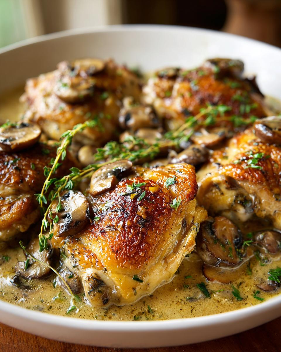 Close-up of tender chicken thighs in a rich creamy mushroom garlic sauce, garnished with fresh herbs.