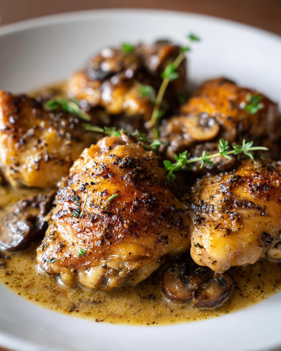 Close-up of tender chicken thighs in a creamy mushroom garlic sauce, garnished with fresh thyme.