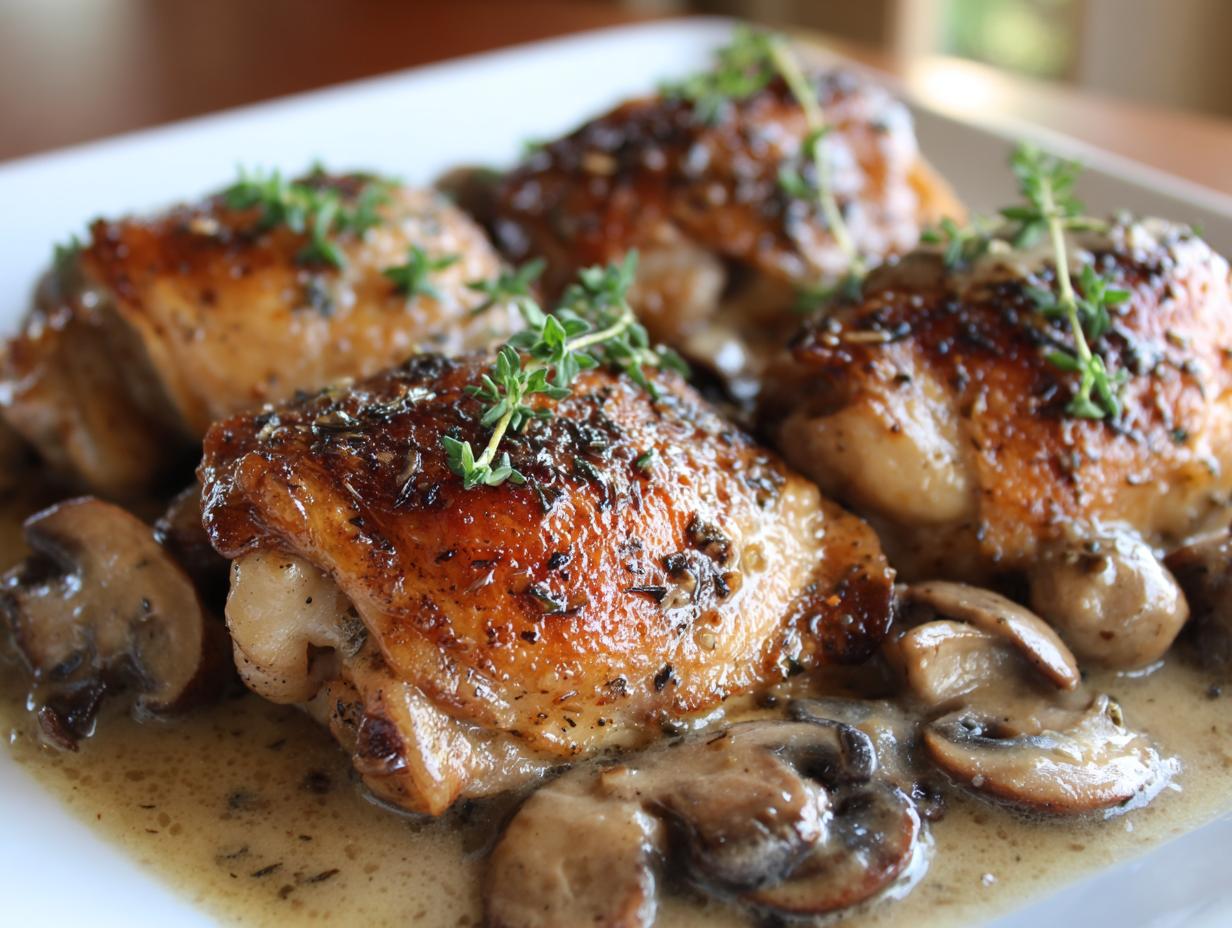 Four juicy, pan-seared chicken thighs served in a creamy mushroom garlic sauce, garnished with fresh thyme.