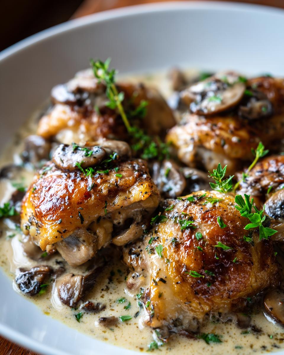 Close-up of juicy, pan-seared chicken thighs in a rich creamy mushroom garlic sauce, garnished with fresh herbs.