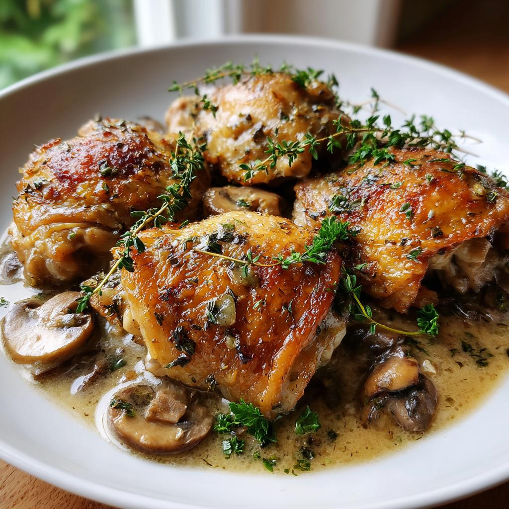 Close-up of juicy, pan-seared chicken thighs in a creamy mushroom garlic sauce, garnished with fresh herbs.