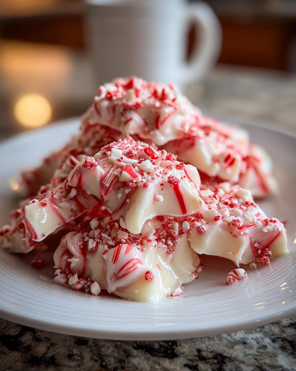 Close-up of easy Christmas candy recipes: white chocolate bark drizzled with red and crushed peppermint candy.