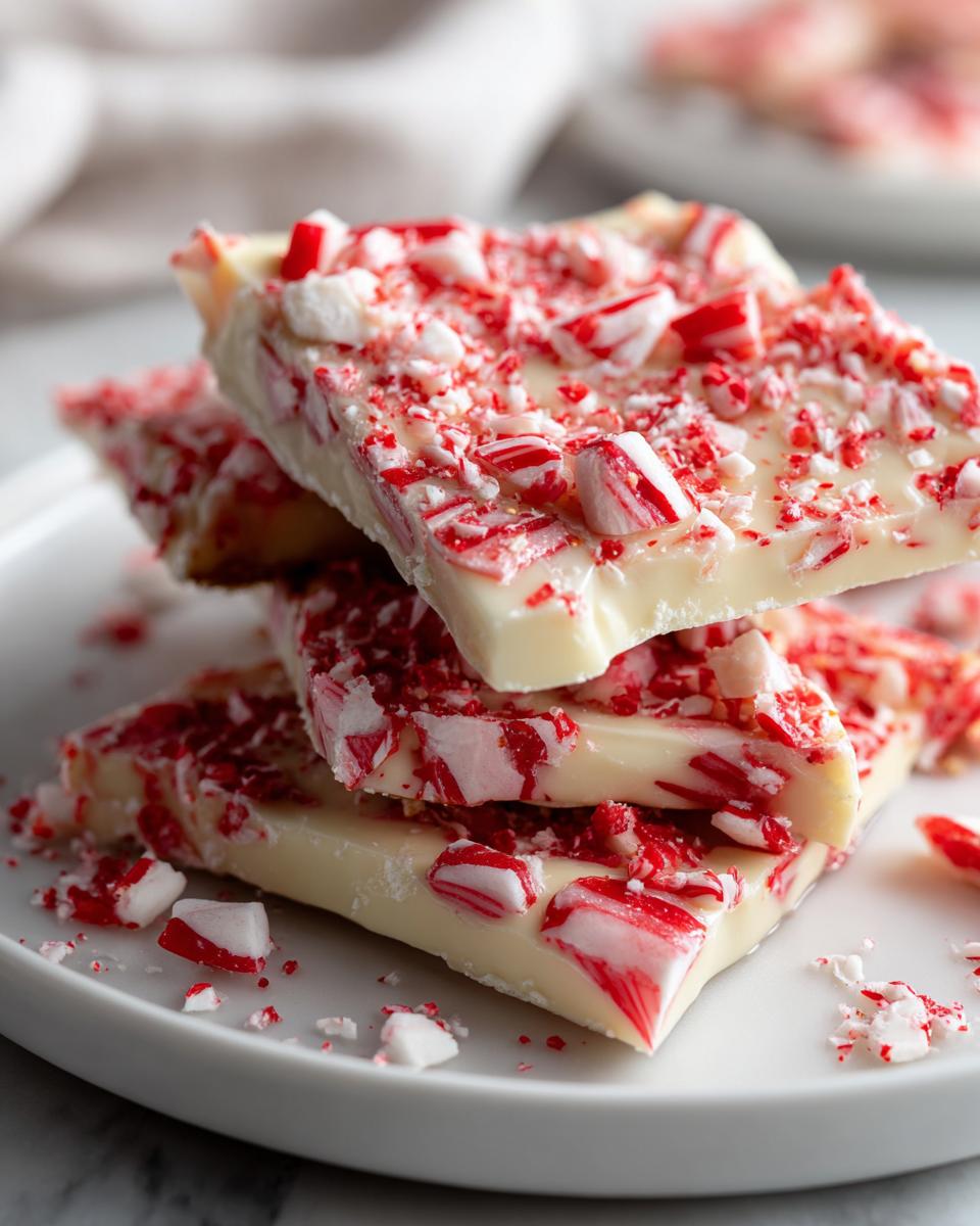 Close-up of stacked pieces of white chocolate peppermint bark, a festive Christmas candy.