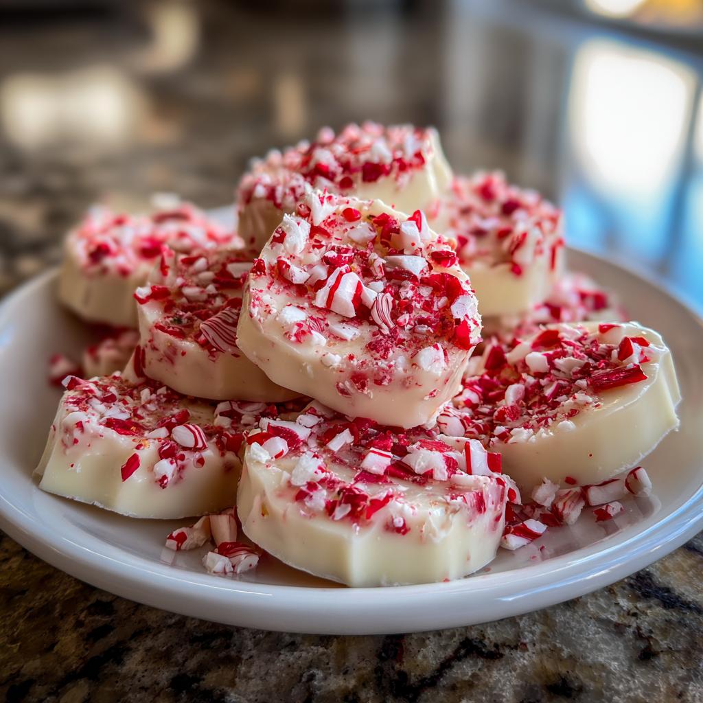 A pile of white chocolate peppermint bark bites topped with crushed candy canes, perfect for easy Christmas candy recipes.