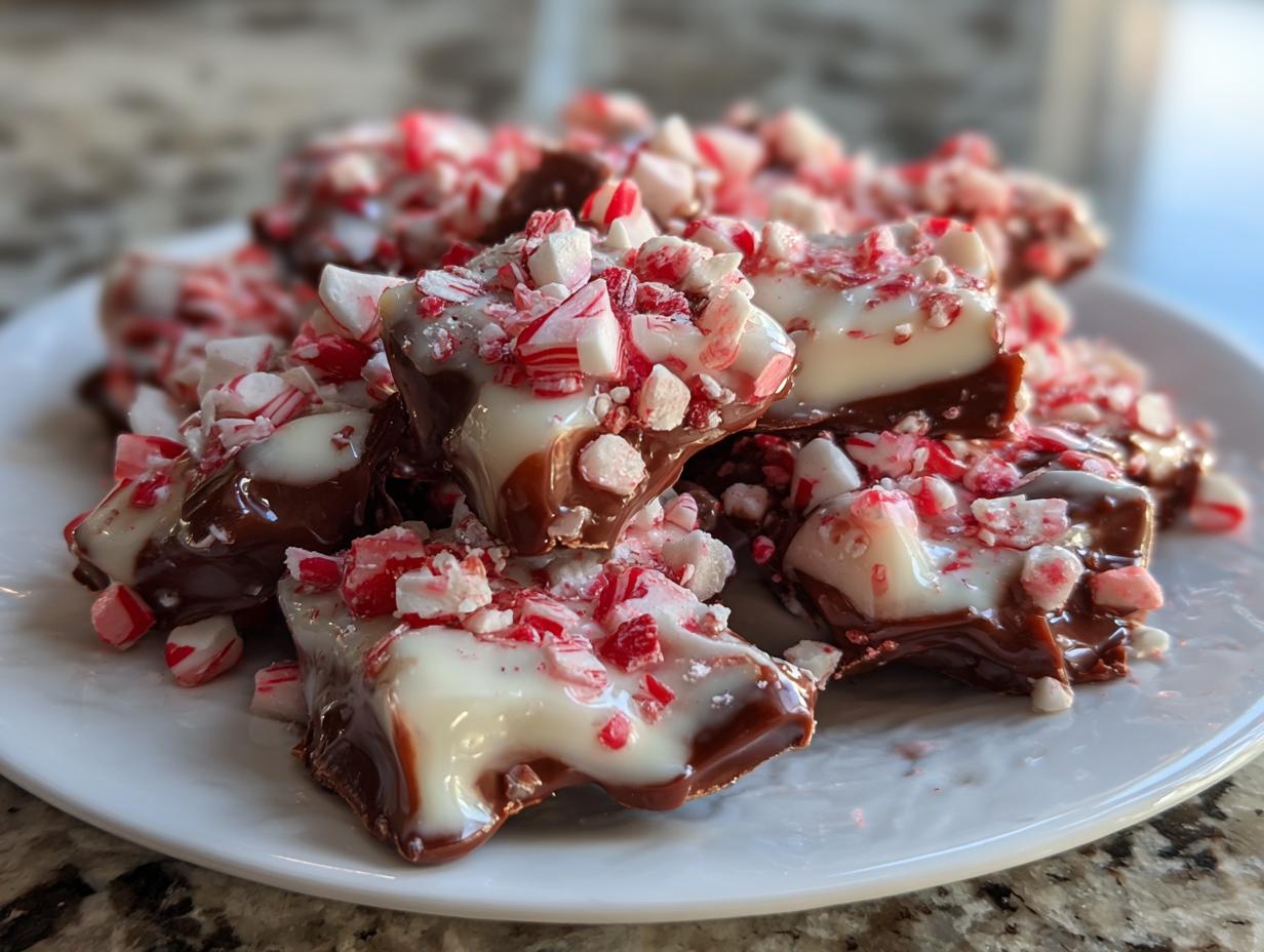 Close-up of easy Christmas candy recipe: chocolate peppermint bark with crushed candy canes on a white plate.