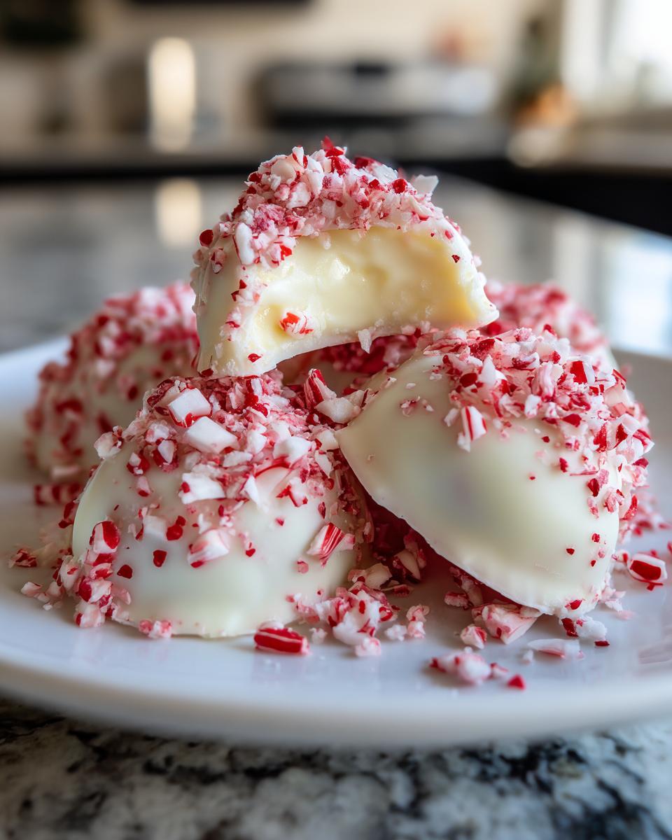 Close-up of easy Christmas candy recipes: white chocolate peppermint truffles, one broken open to show creamy center.