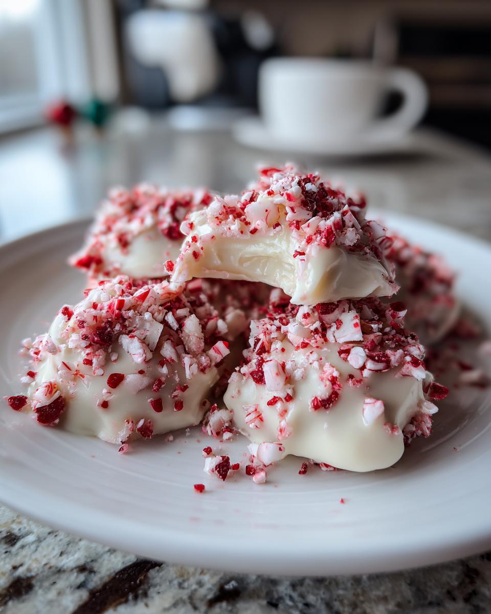 Close-up of easy Christmas candy recipe: white chocolate peppermint bites topped with crushed candy canes.
