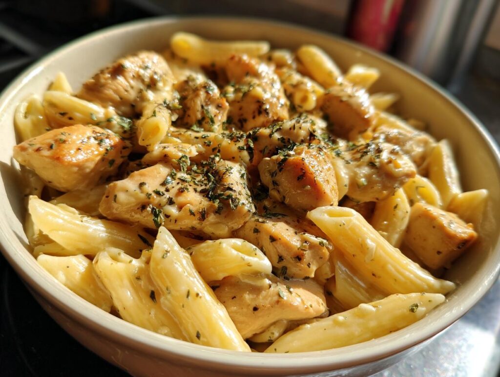 A close-up of a bowl filled with easy creamy garlic parmesan chicken pasta, garnished with herbs.