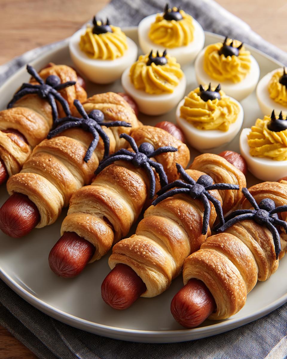 A platter of easy Halloween appetizers featuring mummy hot dogs wrapped in pastry and deviled eggs decorated like spiders.