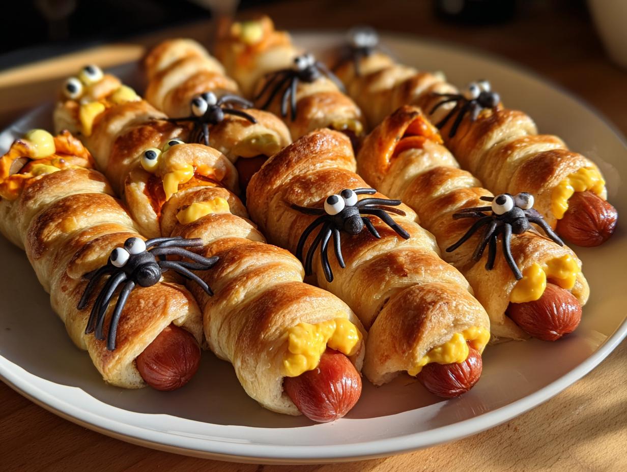 Mummy dogs, an easy Halloween appetizer, wrapped in golden pastry with candy eyes and black spider decorations.