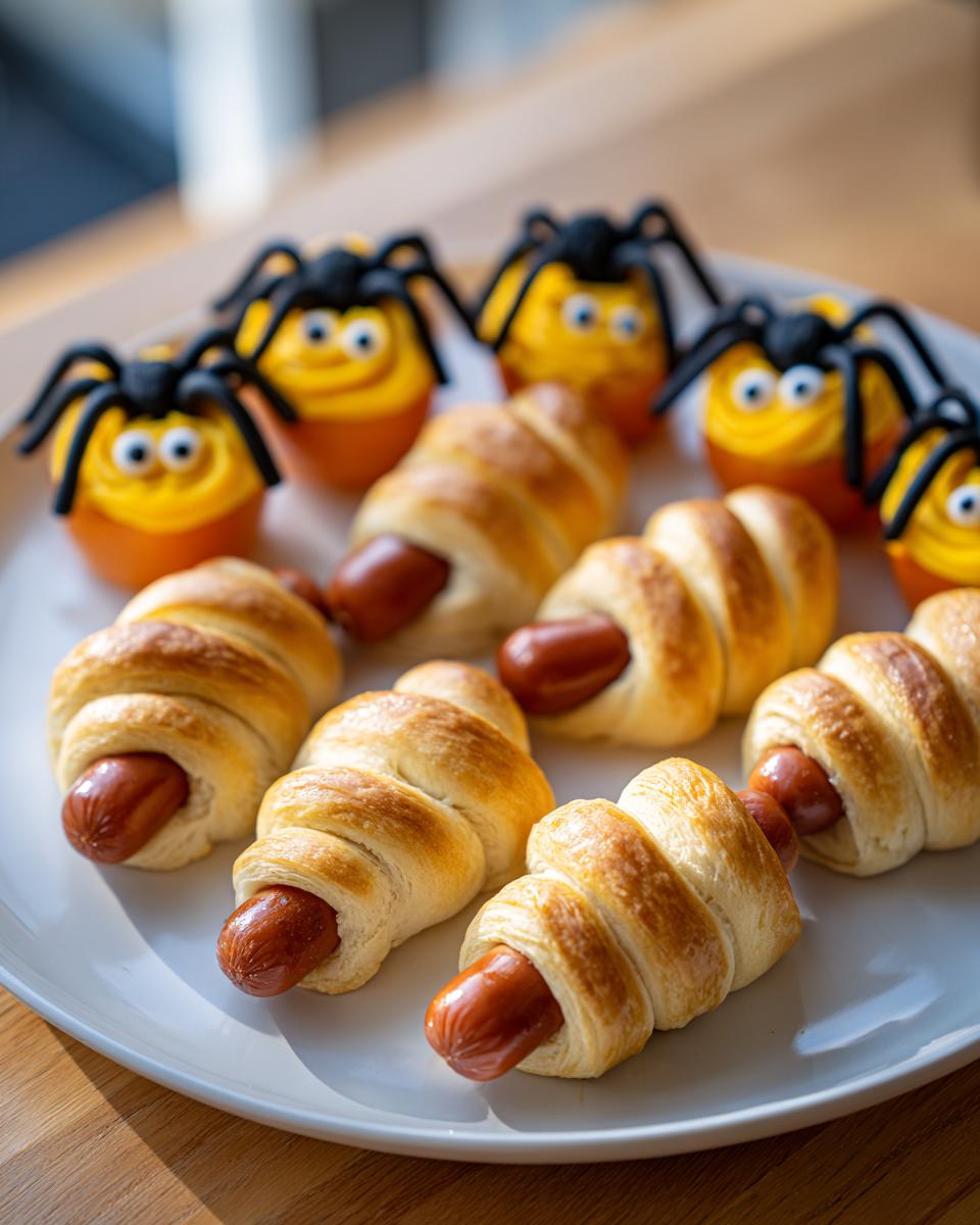 A plate of easy Halloween appetizers featuring pigs in a blanket and cute spider-themed snacks.