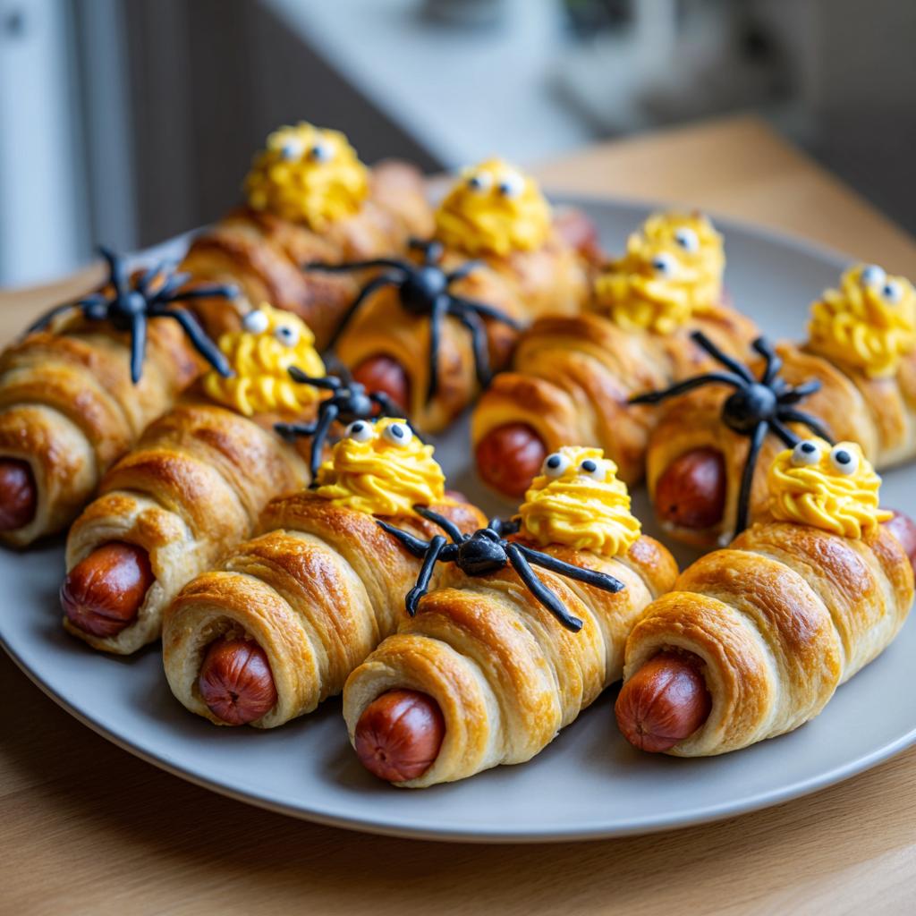 Plate of easy Halloween appetizers: hot dogs wrapped in crescent rolls, decorated as spiders with yellow frosting and candy eyes.