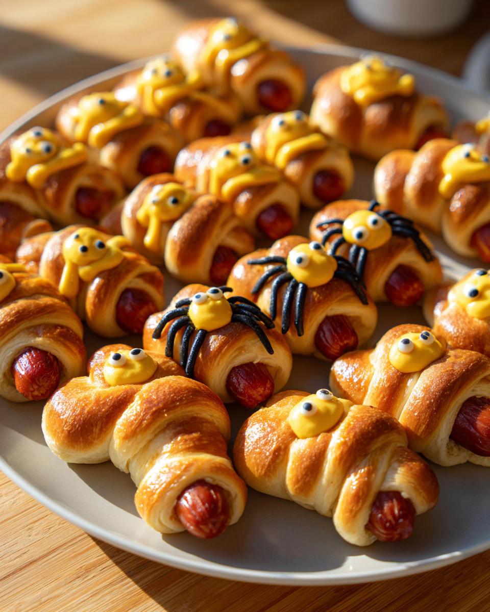 A plate of easy Halloween appetizers shaped like spiders and mummies using crescent rolls and hot dogs.
