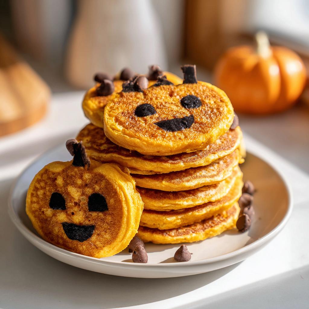 Stack of pumpkin-shaped pancakes decorated with chocolate chips to look like jack-o'-lanterns, part of easy Halloween breakfast ideas for kids.