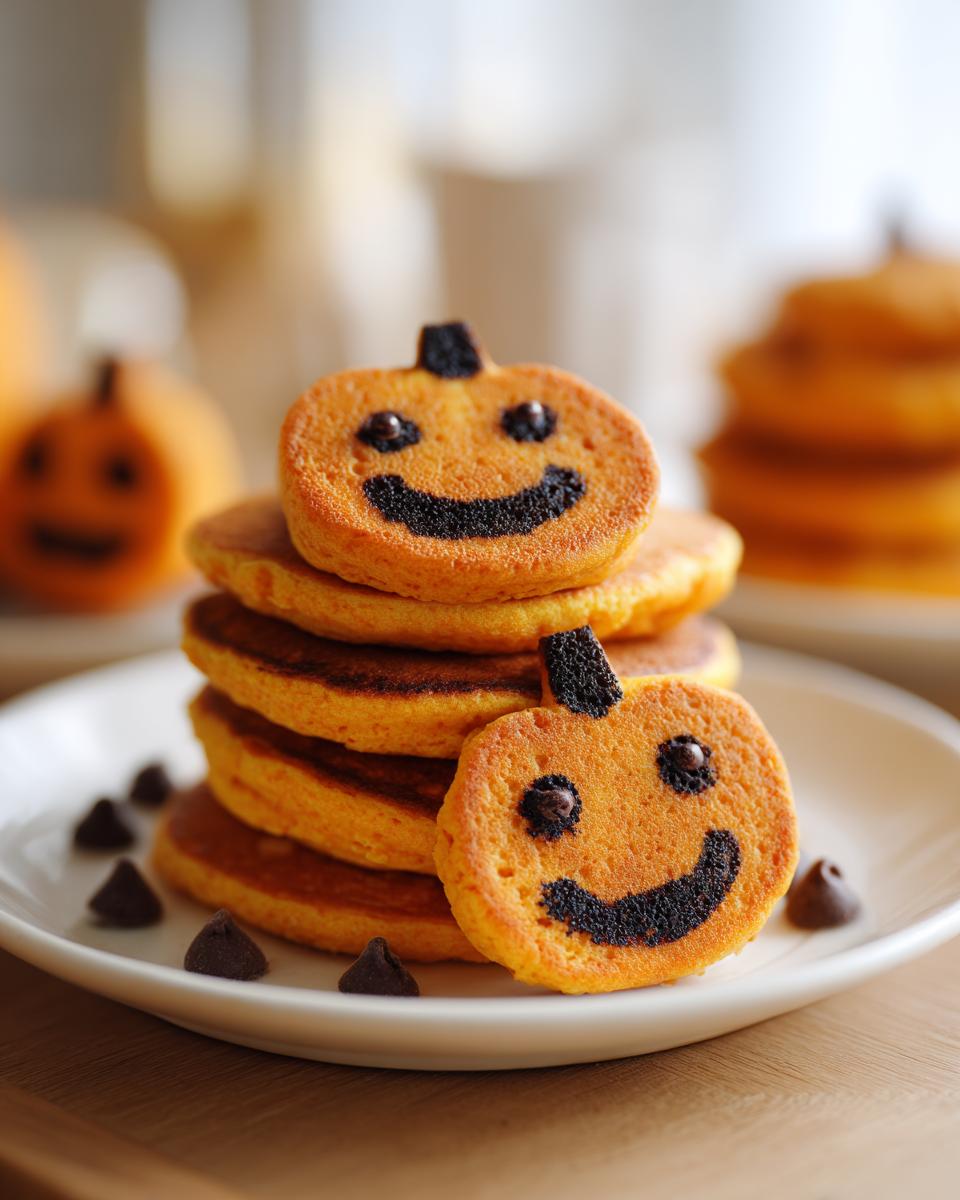 Stack of pumpkin-shaped pancakes decorated as jack-o'-lanterns, part of easy Halloween breakfast ideas for kids.