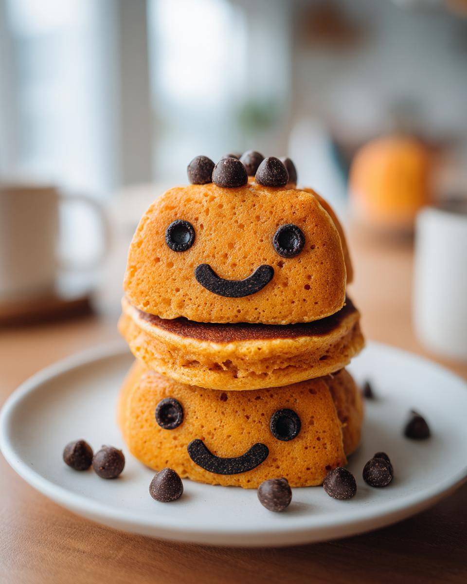 Stack of two pumpkin-shaped pancakes decorated as jack-o'-lanterns with chocolate chip eyes and smiles, part of easy Halloween breakfast ideas for kids.