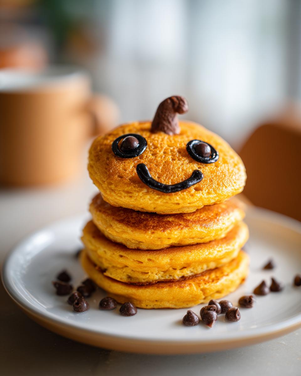 Stack of pumpkin pancakes decorated as a jack-o'-lantern face, part of easy Halloween breakfast ideas for kids.