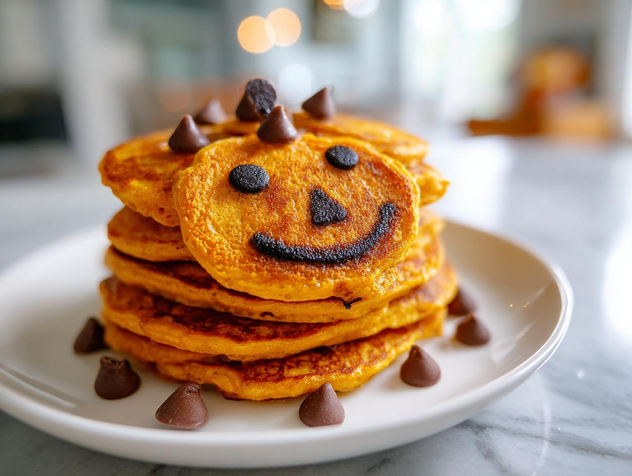 Stack of pumpkin pancakes decorated as a jack-o'-lantern face with chocolate chips, a fun Halloween breakfast idea for kids.