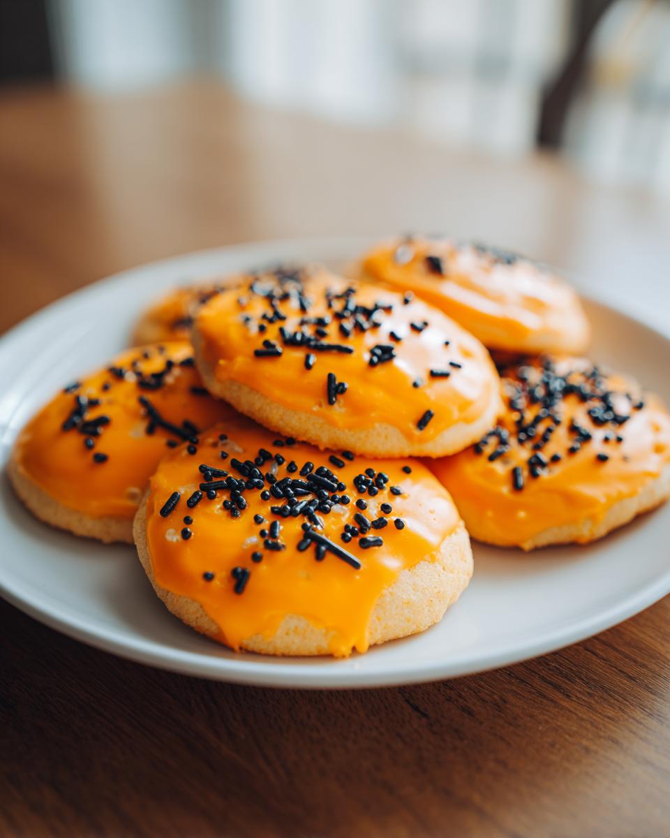 A plate of easy Halloween desserts: round cookies topped with bright orange frosting and black sprinkles.