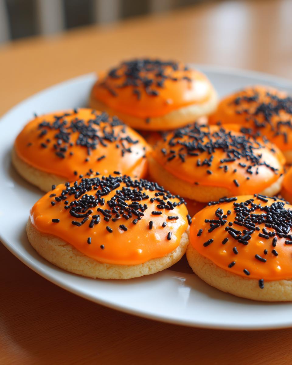 Plate of easy Halloween desserts: round cookies frosted with bright orange icing and black sprinkles.