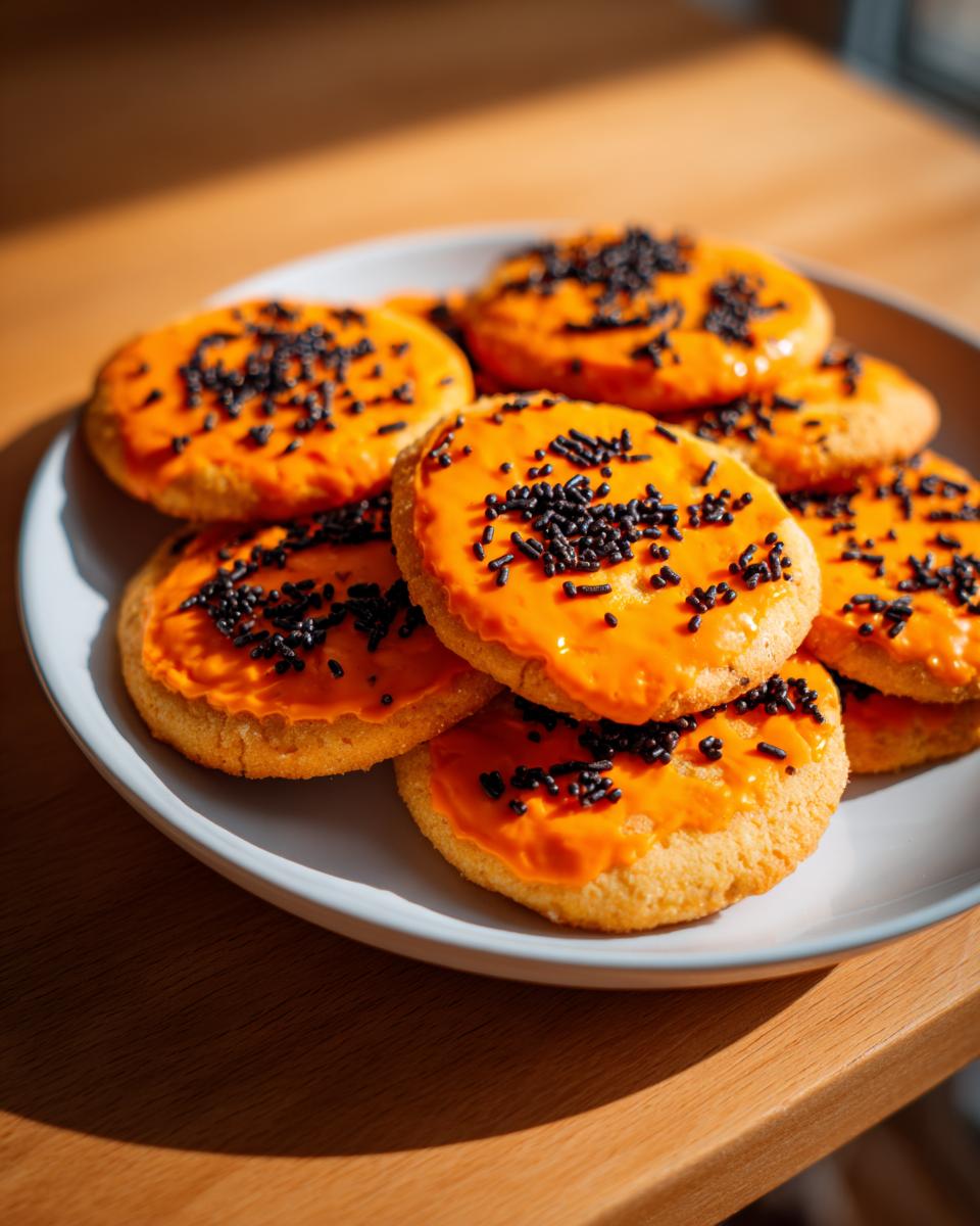 A plate of easy Halloween desserts: round cookies frosted with bright orange icing and black sprinkles.