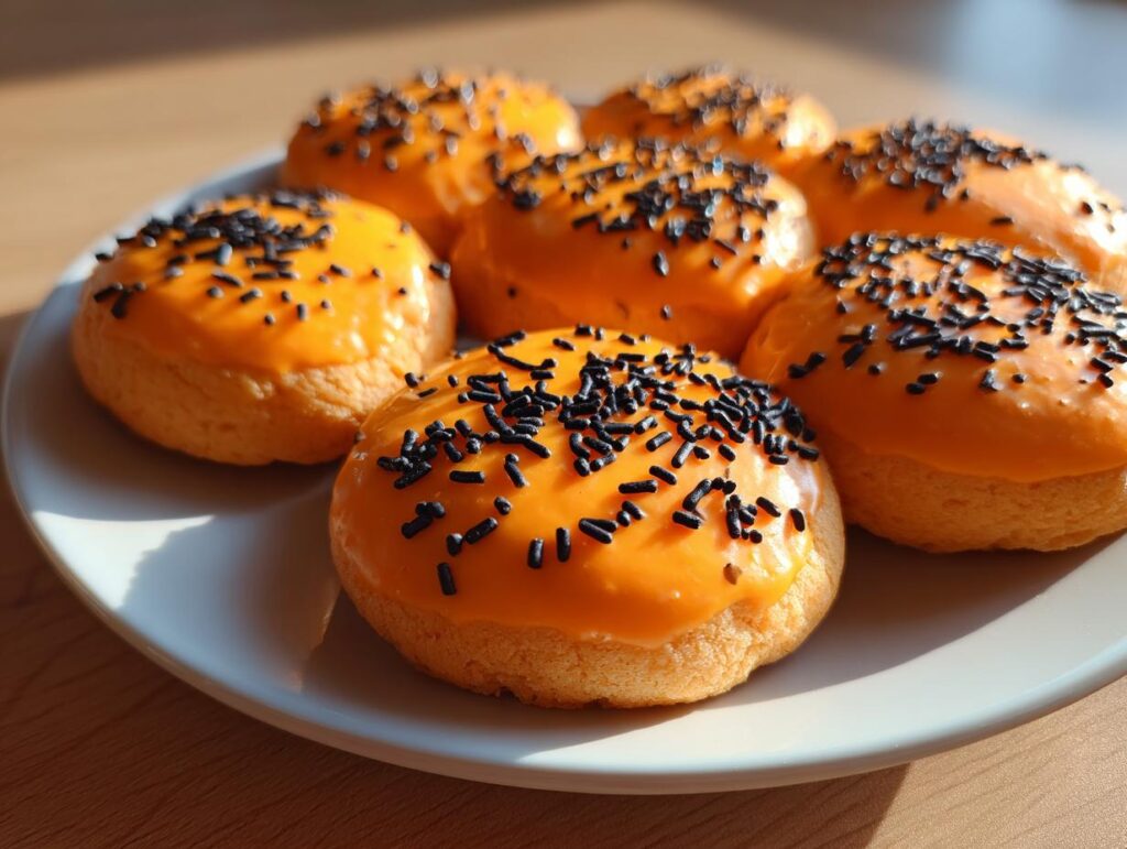 A plate of easy Halloween desserts, featuring round cookies or cakes with bright orange glaze and black sprinkles.