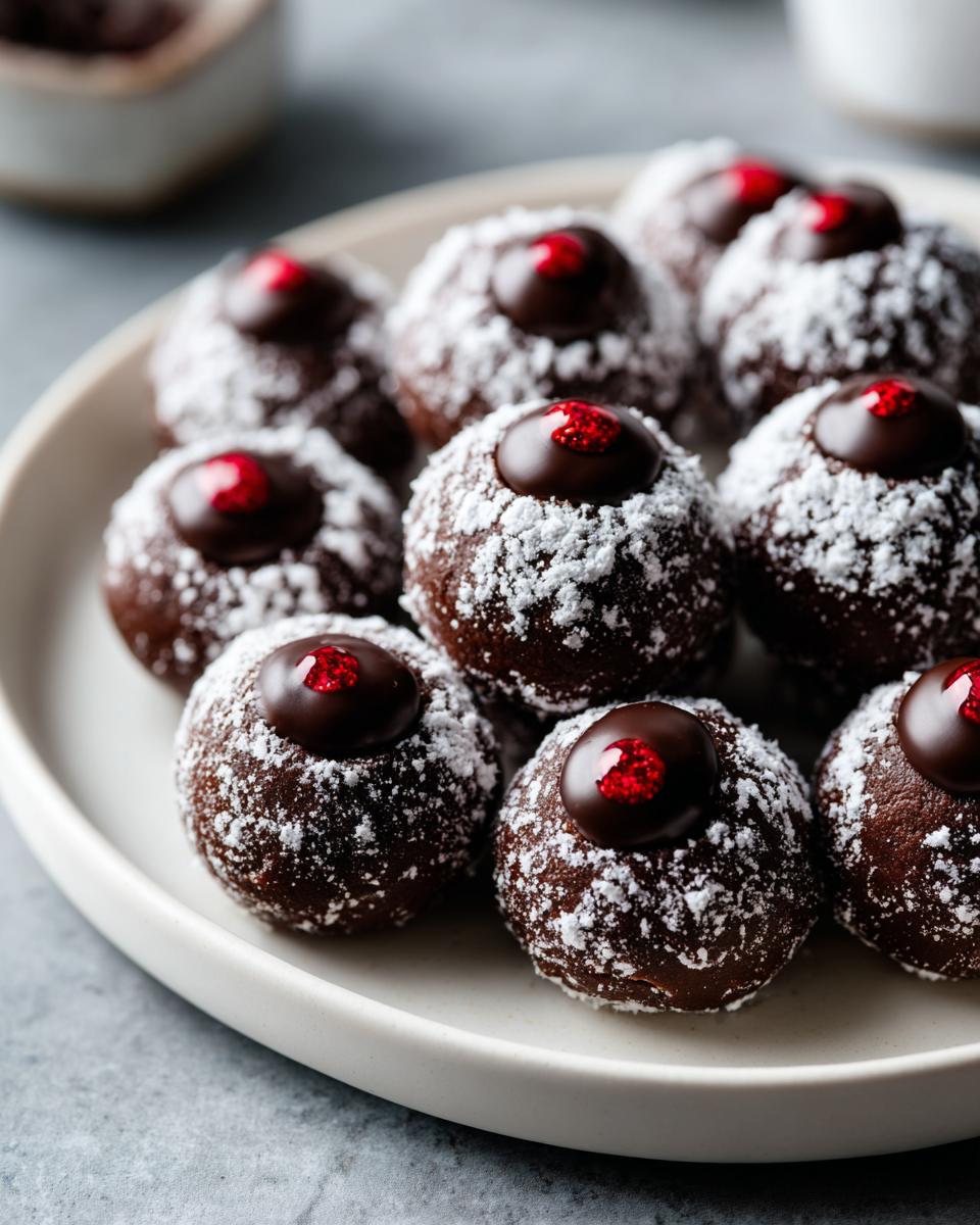 Close-up of easy Halloween snacks: chocolate truffles dusted with powdered sugar and topped with a chocolate 'eyeball' with red sprinkles.