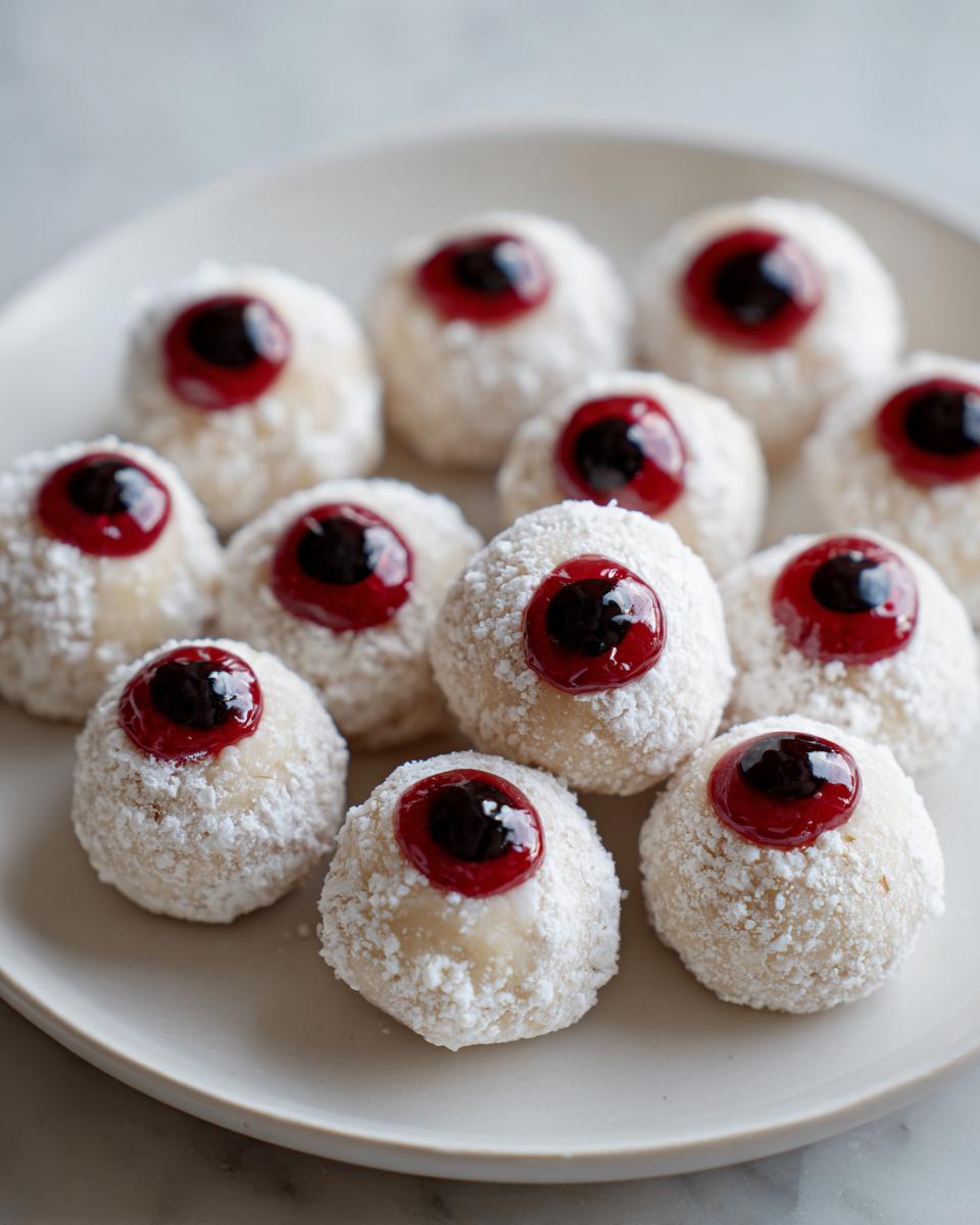 Close-up of easy Halloween snacks: white cookies rolled in powdered sugar with a red jam and dark center, resembling eyeballs.