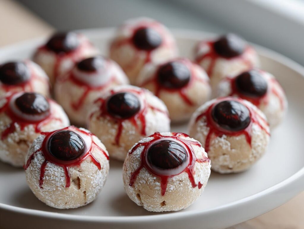 Close-up of spooky eyeball cookies, a fun and easy Halloween snack, decorated with red icing 'bloodshot' veins and a dark cherry 'pupil'.