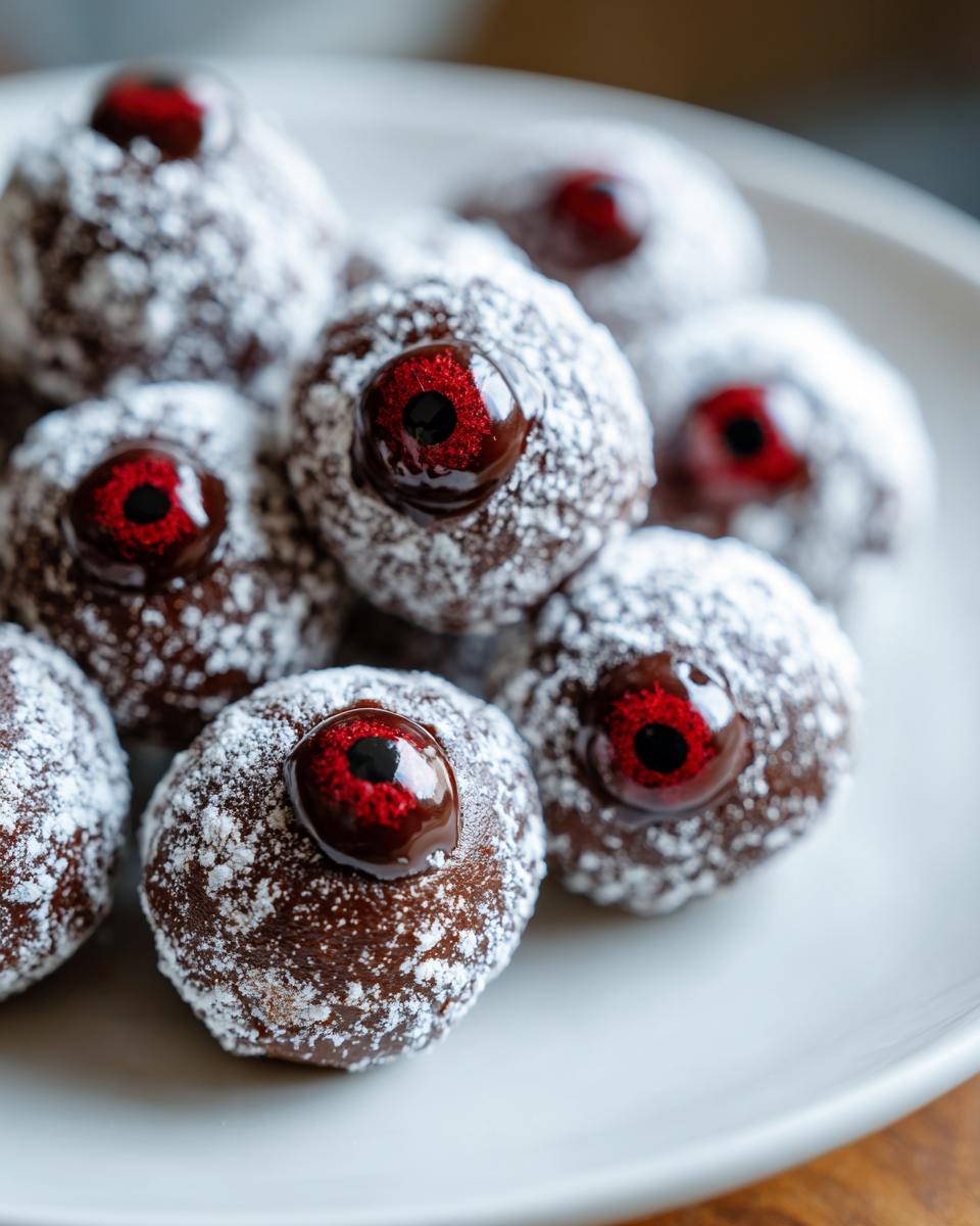 Close-up of chocolate donuts dusted with powdered sugar, decorated with red candy eyes for easy Halloween snacks.