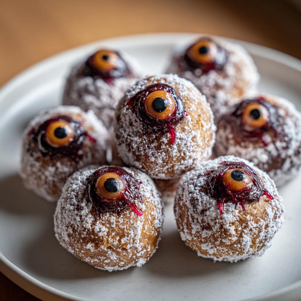 Close-up of several powdered doughnuts decorated as spooky eyeballs for easy Halloween snacks.